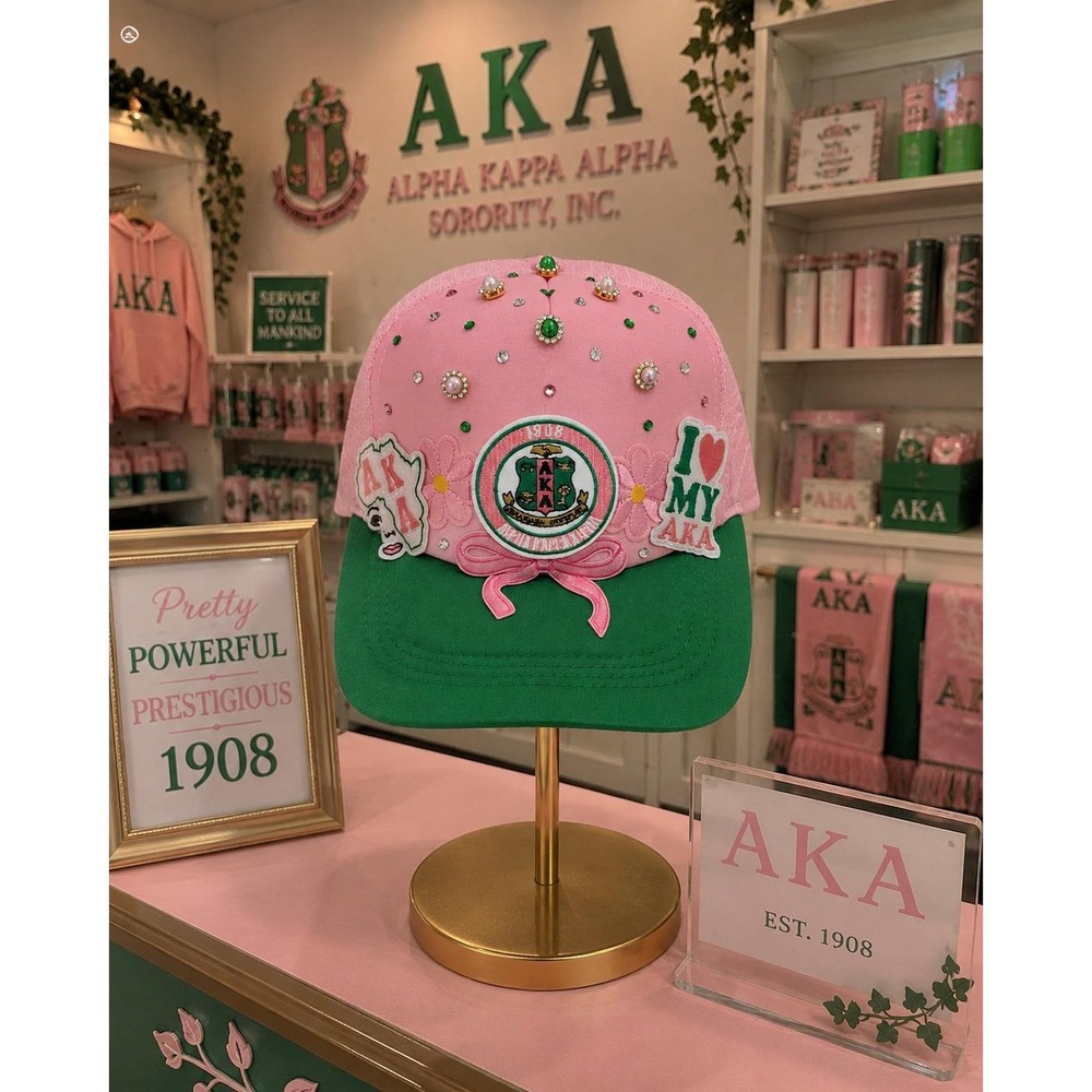 Alpha Kappa Alpha AKA Sorority Pink Green Embellished Trucker Cap